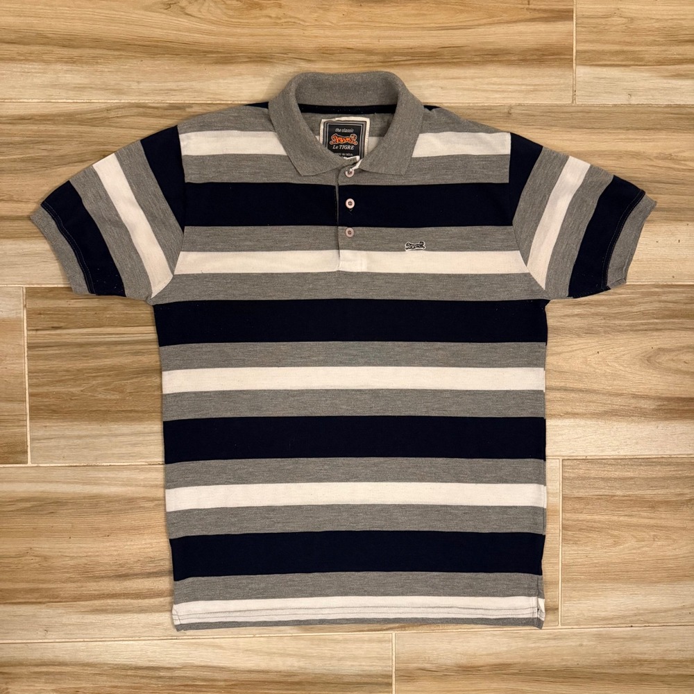 Le Tigre Mens Striped Polo Shirt XL Short Sleeve Navy Blue Grey White Classic